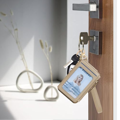 M-Plateau RFID Blocking Keychain Wallet With Leather Wrist Strap | Keychain Wristlet, Womens Card Holder with Zipper Coin Pocket and ID Window - color: Khaki