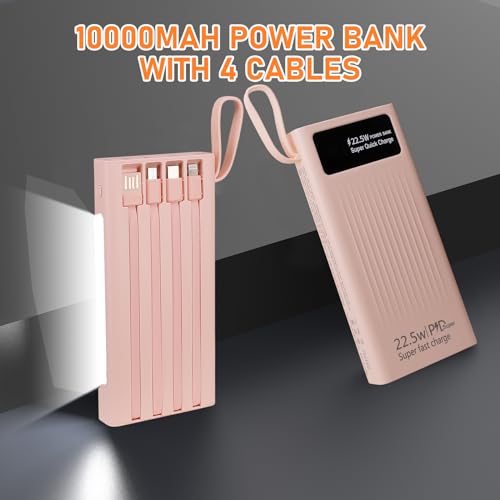 Portable Charger with Built in Cables,10000mAh Power Bank with LED Lamp Fast Charging 3.0 USB C External Battery Pack Phone Charger with LED Display for iPhone, Samsung and Cell Phones (Pink) - color: Pink