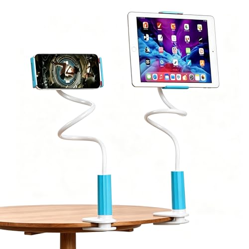 2-in-1 Gooseneck Phone & Tablet Holder for Bed, Flexible Clamp Mount & Overhead Stand for Desk & Headboard, Compatible with iPhone 17/16/15/14 and 4–10.6" Devices (Blue) - color: Blue