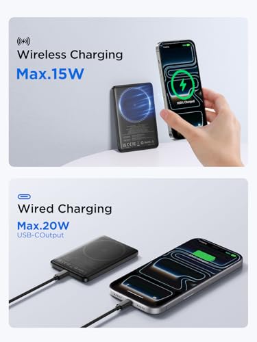 Aioneus Magsafe Portable Charger, 5000mAh Magnetic Power Bank 0.35'' Ultra Slim with 20W PD USB C Fast Charging Magsafe Battery Pack Wireless Portable Charger for iPhone 17/16/15/14/13/12 Series - size: 5000mAh
