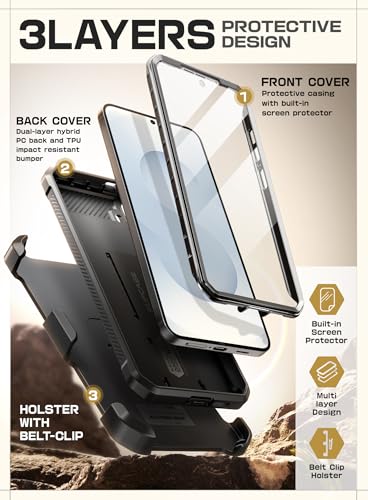 SUPCASE for Galaxy S25 FE Case with Built-in Screen Protector, Black | Invisible Stand, Belt Clip Holster, Charge Port Cover, Military-Grade Protection, Anti-Slip, Shockproof, Unicorn Beetle Pro