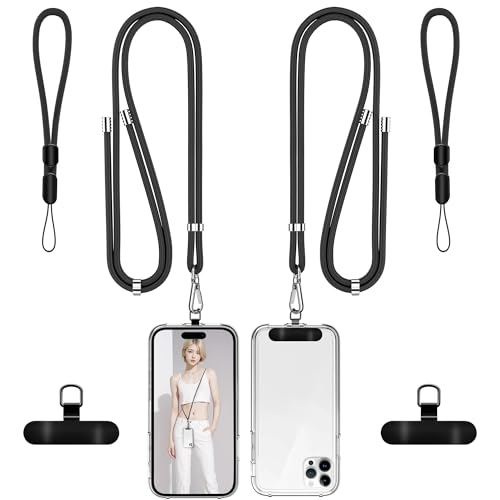 takyu Phone Lanyard, 2 Pack Adjustable CellPhone Lanyard Crossbody Neck Strap and 2 Pack Phone Wrist Strap with 2x Tether Metal Tabs for iPhone Android Smartphones-Black - color: Metal Black+black