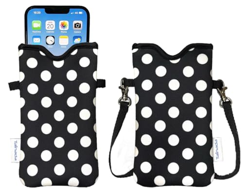 Tainada Cell Phone Pouch w/Crossbody, Neck Lanyard (Black White Polka Dots) | For Men/Women; lightweight neoprene pouch; Compatible with iPhone 17/16 Pro Max, 16e, 16/15 Plus; Samsung S26/S25, A57/A56 - color: Black White Polka Dots