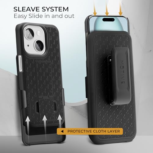 MOTIVE for iPhone 15 Case with Belt Clip, Rigid, Kickstand | 6.1" | Ranger v1 Series, Black, 360° holster, open-top/open-bottom port access, textured grip, slim - size: iPhone 15
