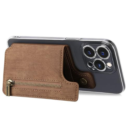 Wallet Stick on Phone Case, Credit Card Holder for Back of Phone Cases Retro Flip Leather Zipper Sleeve Pouch Compatible with iPhone, Samsung Galaxy Android Most Smartphones Brown - color: Brown