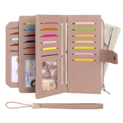 GAEKEAO Womens Wallet RFID Blocking Large Capacity Vegan Leather Card Holder Wristlet Clutch with 32 Card Slots 4 ID Windows - color: X04-Pink