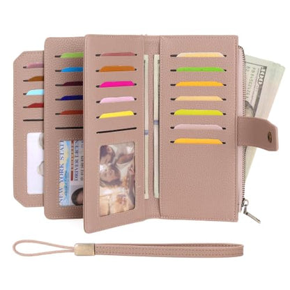 GAEKEAO Womens Wallet RFID Blocking Large Capacity Vegan Leather Card Holder Wristlet Clutch with 32 Card Slots 4 ID Windows - color: X04-Pink