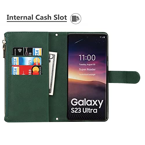 iCoverCase for Samsung Galaxy S23 Ultra Wallet Case with Card Holder, Kickstand Feature PU Leather Case with Adjustable Crossbody Lanyard Magnetic Clasp Zipper Pocket Flip Cover (Green) - color: Green, size: Galaxy S23 Ultra