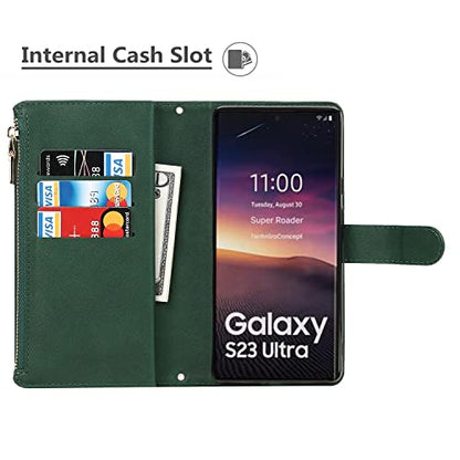 iCoverCase for Samsung Galaxy S23 Ultra Wallet Case with Card Holder, Kickstand Feature PU Leather Case with Adjustable Crossbody Lanyard Magnetic Clasp Zipper Pocket Flip Cover (Green) - color: Green, size: Galaxy S23 Ultra