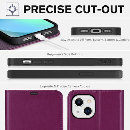 TUCCH Wallet Case for iPhone 13 (6.1") 2021, 3 Card Holders, Plum Purple | RFID Blocking, Viewing Stand, Shockproof TPU Shell, PU Leather, Magnetic Closure, Protective Folio Flip Cover - color: Plum Purple