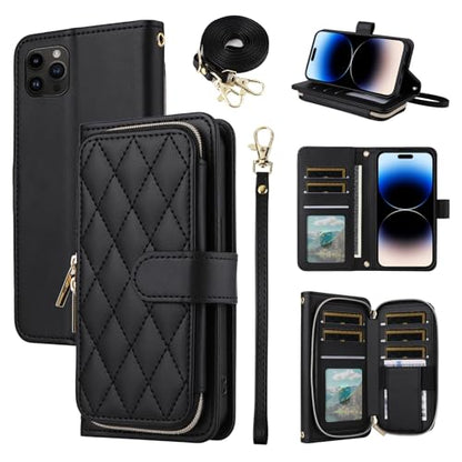 Wallet Case for iPhone 14 Pro Max 6.7 inch with Wrist Strap, Shoulder Strap, 9+ Card Slots Purse Leather Stand Cell Phone Cover for iPhone14promax 5G i Phone14Max Plus iPhone14 ProMax Black | Wrist/Shoulder Strap, Card Slots, PU Leather Stand, Cell Phone