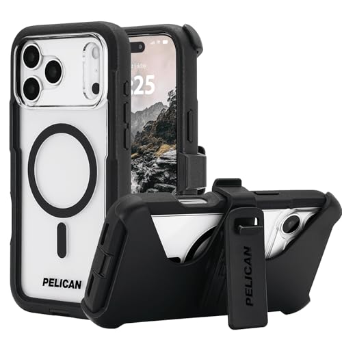 Pelican Voyager iPhone 17 Pro Max Case - MagSafe Phone Case - Black/Clear | Magnetic Phone Case w/24ft Military Grade Drop Protection - Phone Cover w/ Belt Clip Holster Kickstand for iPhone 17 Pro Max - color: Voyager - Clear - Pro Max, style: iPhone 17 P
