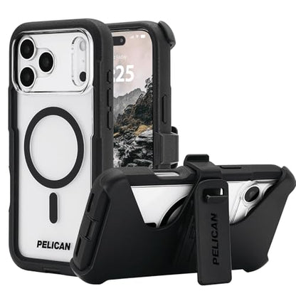 Pelican Voyager iPhone 17 Pro Max Case - MagSafe Phone Case - Black/Clear | Magnetic Phone Case w/24ft Military Grade Drop Protection - Phone Cover w/ Belt Clip Holster Kickstand for iPhone 17 Pro Max - color: Voyager - Clear - Pro Max, style: iPhone 17 P