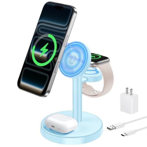Aeinidi 3 in 1 Fast Wireless Charging Station for Apple MagSafe Charger - color: Iceblue, size: 15W