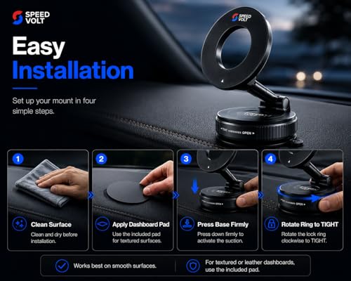 Magnetic Car Phone Mount for Dashboard, Vacuum Suction Phone Holder with Strong MagSafe-Compatible Grip, Foldable Design, 360° Rotation, Dashboard Pad Included, for iPhone & Smartphones