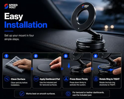 Magnetic Car Phone Mount for Dashboard, Vacuum Suction Phone Holder with Strong MagSafe-Compatible Grip, Foldable Design, 360° Rotation, Dashboard Pad Included, for iPhone & Smartphones