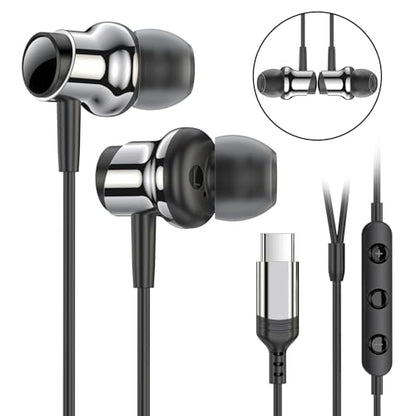 USB C Headphones Wired Earbuds for Samsung Galaxy S26 S25 S24 A57 iPhone 17 - color: Black