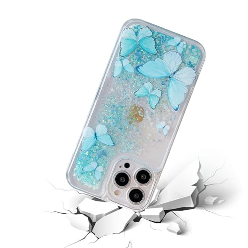 Compatible with iPhone 14 Plus Glitter Butterfly Case Glow in The Dark Women Girls Girly Bling Sparkle Flowing Quicksand Light up Case Soft TPU Bumper Luminous Clear Phone Cover, Blue - color: Blue, size: iPhone 14 Plus