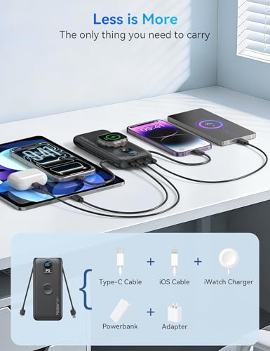 Portable Charger Power Bank 10000mAh PD20W w/Built-in Cables & AC Plug - color: Black