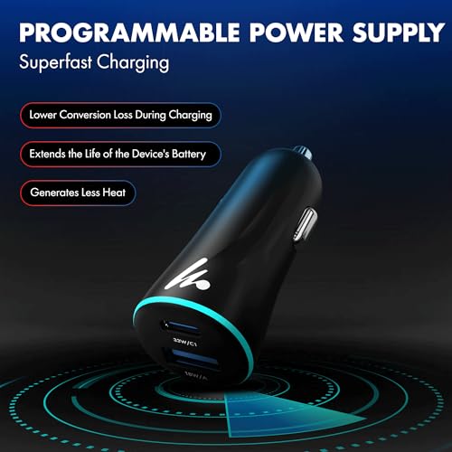 PD 51W Superfast Charging Wozoyo Car Charger, with Type C and USB A, Power Delivery, PPS & QC 3.0, Dual Port (33W + 18W), 12V–24V Compatible, Multi-Layer Protection, 2-Years Manufacturer Warranty