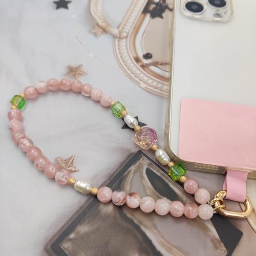 Cute Phone Wrist Strap Chic Beaded Cellphone Lanyard Phone Charm Grip Strap - color: Pink Flower