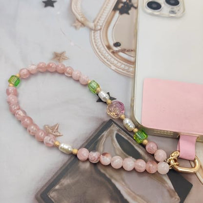 Cute Phone Wrist Strap Chic Beaded Cellphone Lanyard Phone Charm Grip Strap - color: Pink Flower