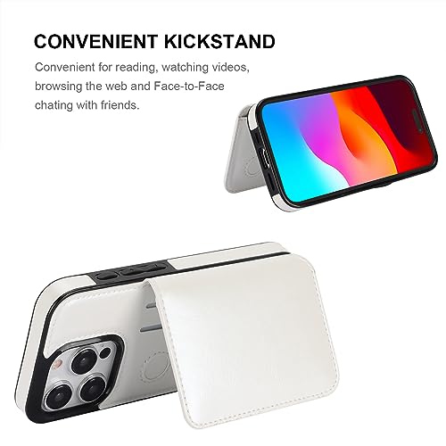 KIHUWEY Compatible with iPhone 15 Pro Wallet Case Credit Card Holder, Premium Leather Kickstand Flip Hidden Magnetic Clasp Durable Shockproof Protective Cover for iPhone 15 Pro 6.1 inch (White) - color: White
