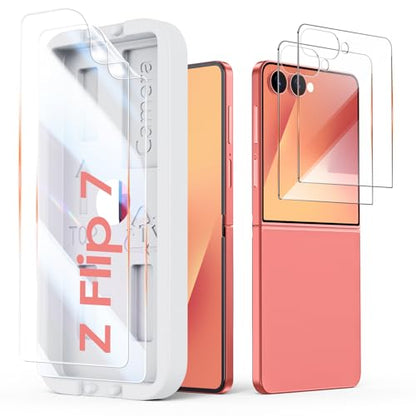 Spugan for Samsung Galaxy Z Flip 7 Screen Protectors, 2 Pcs Inner Screen TPU Protective Film [Installation Kit] + 2 Pcs Outer Screen Tempered Film, Durable, Scratch Resistant, Bubble Free, Newbie Friendly, Ultra HD - size: Flip7-2+2 Pac