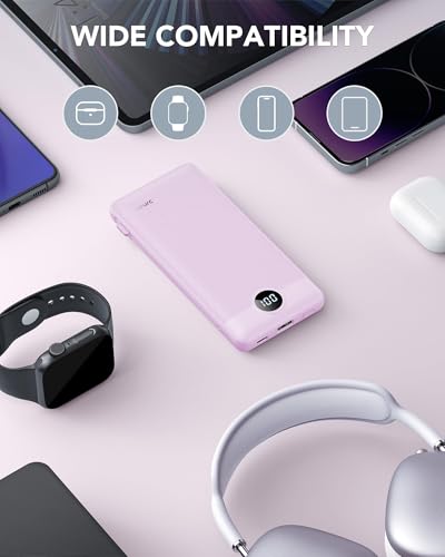 VRURC Portable Charger, Power Bank Built-in Cables and AC Wall Plug - color: Purple