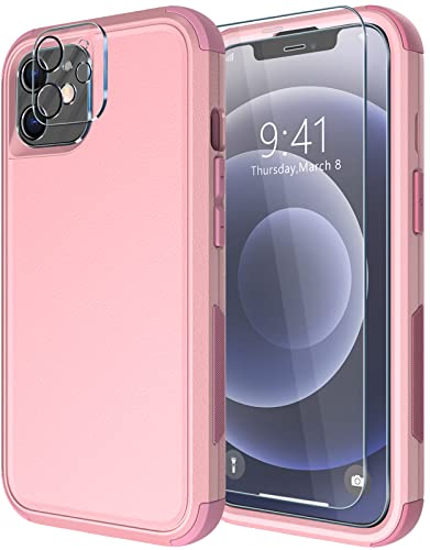 Diverbox for iPhone 12 case [Shockproof] [Dropproof] [Tempered Glass Screen Protector + Camera Lens Protector],Heavy Duty Protection Phone Case Cover for Apple iPhone 12 (Pink) - color: Pink-3in1
