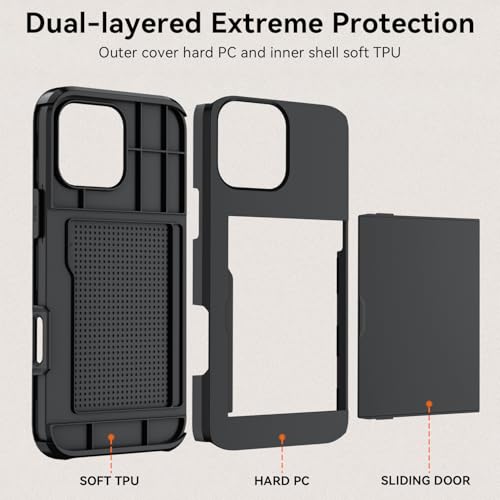 Qinmay Compatible with iPhone 16 Pro Case with Card Holder, Dual Layer Shockproof,Heavy Duty Protective Hidden Slot Slim Wallet Phone Cover，Black - color: Black, size: for iPhone 16 Pro