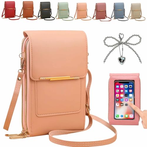 Anti-theft leather bag, Women's Touch Screen Mobile Phone Messenger bag, RFID Block Mobile Phone Purse - color: Peach Pink