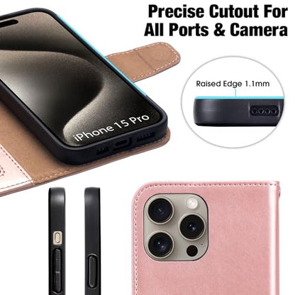 Arae Compatible with iPhone 15 Pro Case with Card Holder and Wrist Strap Wallet Flip Cover for iPhone 15 Pro 6.1 inch,Rose Gold - color: Rose Gold, size: iPhone 15 Pro 6.1 inch