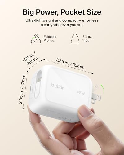 Belkin 45W GaN USB C Retractable Charger Block Fast Charging for Travel - color: White, style: 45W