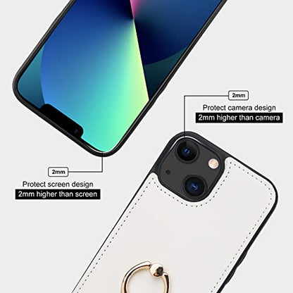 Folosu Compatible with iPhone 13 Case Wallet with Card Holder, 360°Rotation Finger Ring Holder Kickstand Protective RFID Blocking PU Leather Double Buttons Flip Shockproof Cover 6.1 Inch White - color: White
