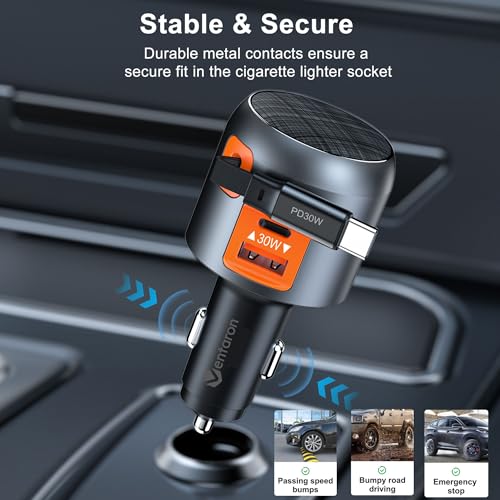 60W Retractable Car Charger, 3-Port USB-C Fast Charging Adapter - color: Orange