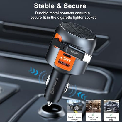 60W Retractable Car Charger, 3-Port USB-C Fast Charging Adapter - color: Orange