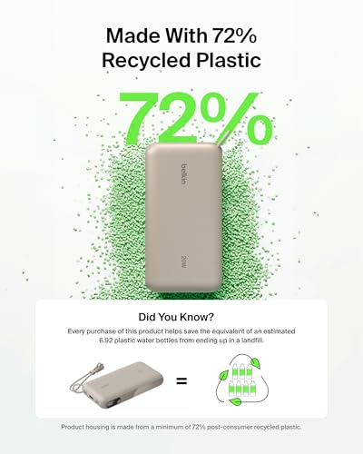 Belkin 20000mAh 20W Power Bank, Digital Display, 2 USB C and USB A Ports - color: Sand, style: 20K mAh