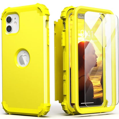 IDweel for iPhone 11 Case with Screen Protector(Tempered Glass), Hybrid 3 in 1 Shockproof Slim Fit Heavy Duty Protection Hard PC Cover Soft Silicone Bumper Full Body Case,Yellow - color: Yellow