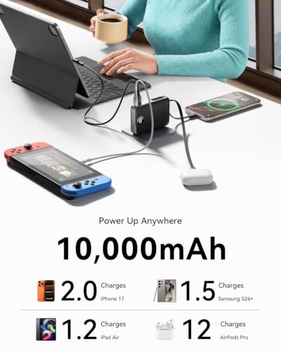 Portable Charger Power Bank 10000mAh, 45% Smaller Built-in Cables & AC Plug - color: Black
