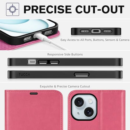 TUCCH Wallet Case for iPhone 15 (6.1") 2023, Flip Stand, Hot Pink | RFID Blocking, 4 Card Holders, Kickstand, PU Leather, Shockproof TPU Shell, Magnetic Closure, Protective Folio Cover - color: Hot Pink
