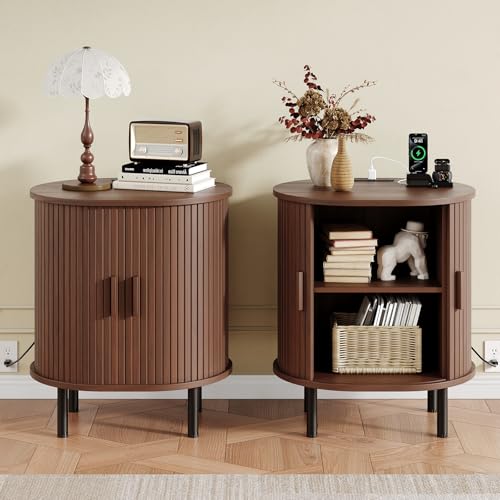 Oval End Table with Charging Station & Sliding Door (1, Walnut) - color: Walnut