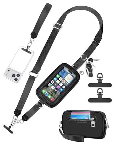 Clip and Go Strap for Phone with Wallet Crossbody, Adjustable Neck Lanyard, Detachable Wristlet Wallet with Zipper Phone Screen ID Window, 2x Tether Tabs Compatibe for iPhone & Most Cellphones Black - color: Black