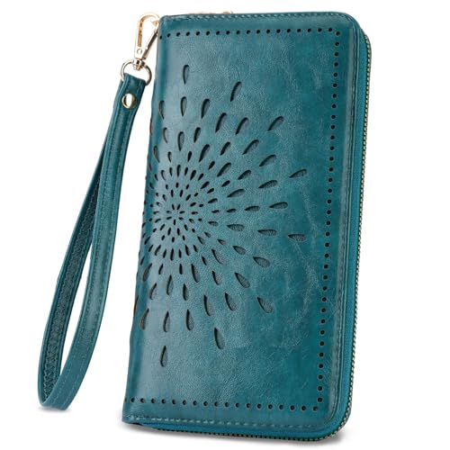 APHISON Wallet Women Large Capacity Clutch Purse For Ladies Card Holder RFID Wristlet Phone Zipper Coin Travel Pocket - color: 07-peacock blue