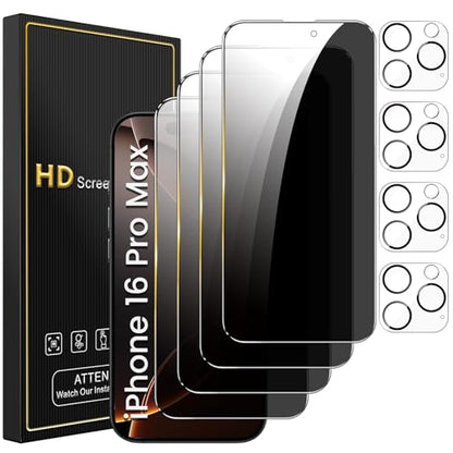 Romkasi 4 Pack Privacy Screen Protector for iPhone 16 Pro Max 6.9 Inch with 4 Pack Camera Lens Protector, Anti Spy Tempered Glass Film, Anti-Scratch, Touch Sensitive, Case Friendly - color: iPhone 16 Pro Max