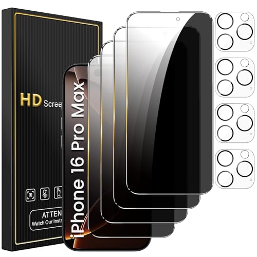 Romkasi 4 Pack Privacy Screen Protector for iPhone 16 Pro Max 6.9 Inch with 4 Pack Camera Lens Protector, Anti Spy Tempered Glass Film, Anti-Scratch, Touch Sensitive, Case Friendly - color: iPhone 16 Pro Max
