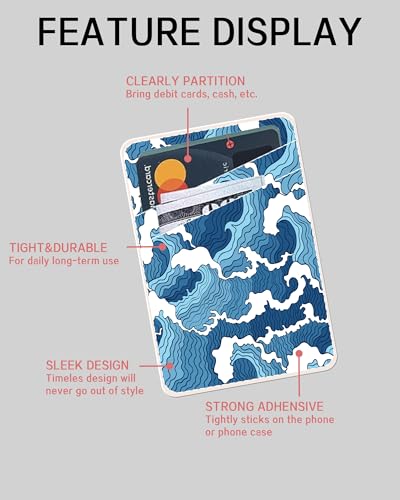 Dual Pocket Leather Phone Wallet Adhesive Stick On, Cute Card Holder for Most Phone Cases - Blue Sea - color: Cute Blue Sea