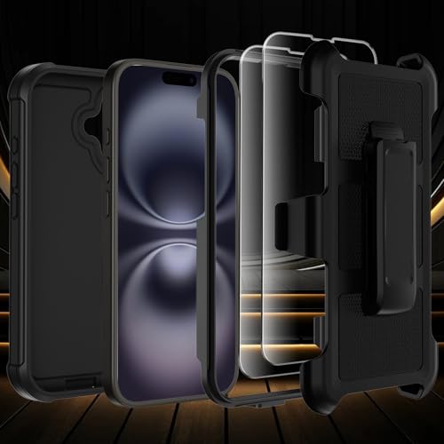 Wedall for iPhone 16 Plus Case with Belt Clip Holster,Anti-Drop Shockproof Bumper Phone Cases with 2X Screen Protectors & Kickstand,Rugged Heavy Duty Military Grade Protective Defender Cover (Black) - color: Black
