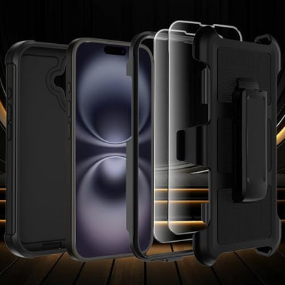 Wedall for iPhone 16 Plus Case with Belt Clip Holster,Anti-Drop Shockproof Bumper Phone Cases with 2X Screen Protectors & Kickstand,Rugged Heavy Duty Military Grade Protective Defender Cover (Black) - color: Black