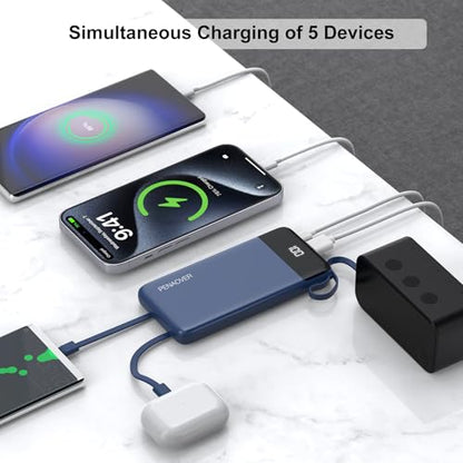 Portable Charger Built-in Cables,10000mAh Fast Charge Power Bank for iPhone - color: Navy